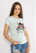 Стильная летняя футболка 600F018 котик бирюзовый меланж