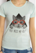 Стильная летняя футболка 600F018 котик бирюзовый меланж