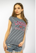Футболка женская в полоску 85F274-1 с принтом черно-голубой Футболка женская в полоску 85F274-1 с принтом черно-голубой