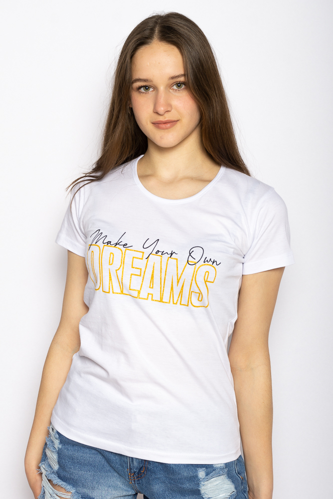 

Футболка женская с надписью Dreams 600F025, Бежевый меланж;черный;светло-розовый;белый