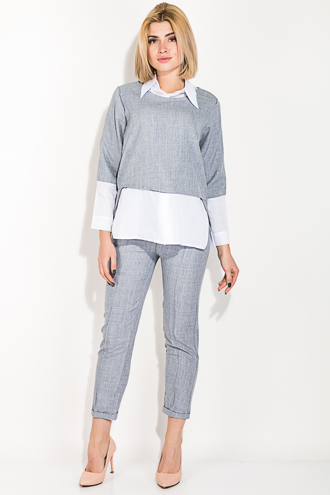 

Костюм женский имитация двойки 74PD110, Джинс сиреневый;светло-серый;джинс-белый